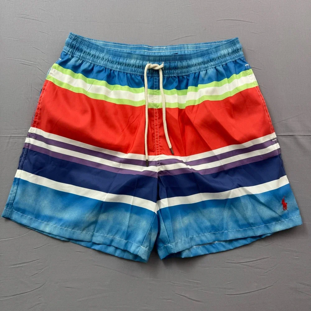 Polo Ralph Lauren Mens XL Swim Trunks Multi Color Stripe Mesh Lined Board Shorts